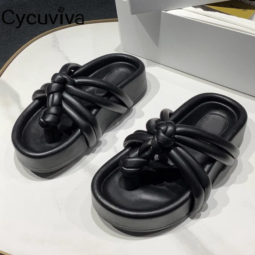

Summer Thick Bottom Flat Slippers Women Black Leather Flipflops Slides Platform Casual Beach Shoes Woman Holiday Flat Sandals