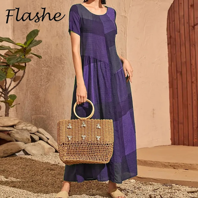

Summer Women Long Dress O Neck Casual Beach Party Dresses For Women Elegant Plaid Print Loose Maxi Dress 2023