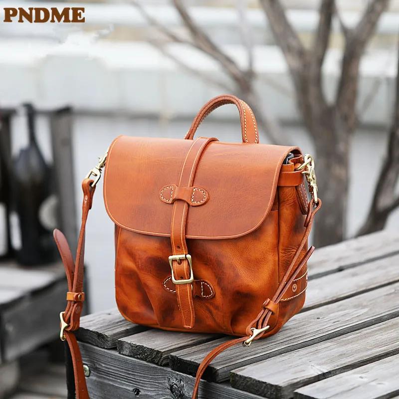 PNDME designer organizer luxury genuine leather men's small messenger bag fashion real cowhide outdoor work brown shoulder bag