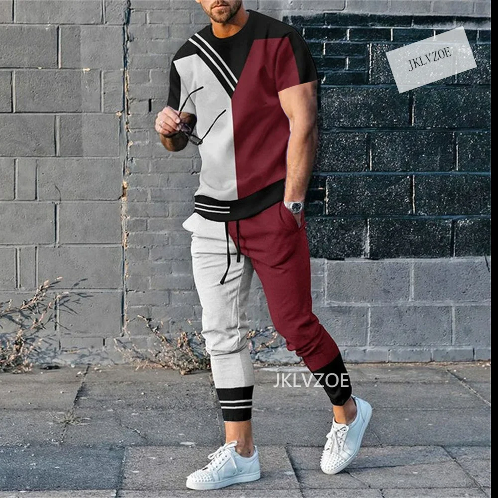 Men's Tracksuit 2 Piece Set Jogger Clothes Stripe 3D Printed Short Sleeve Suit Fall Casual Tshirts+Trousers Outfits Streetwear