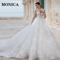monica luxury wedding dress v neck long sleeve perspective applique tulle lace a line elegant prom princess new fashion beach
