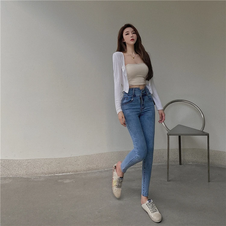 

DD1296 High Waist Jeans New Slim Fit Small Foot Pants Design Pants Jeans