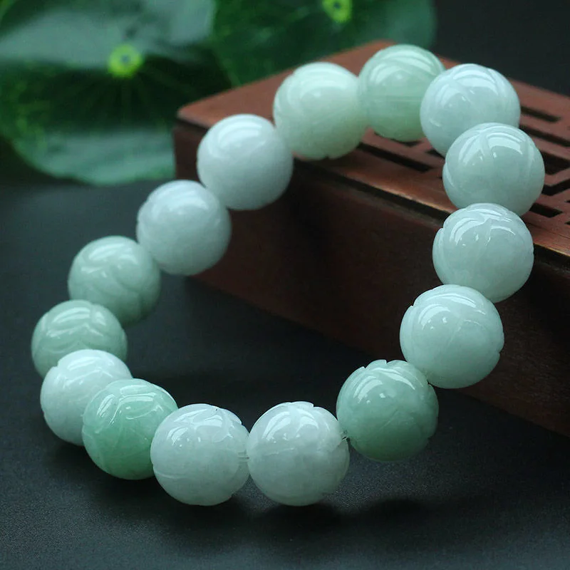 

Send Certificate 13mm Natural Jadeite Lotus Bead Elastic Bracelet Charm Jewellery Accessories Hand-carved Jade Luck Amulet Women