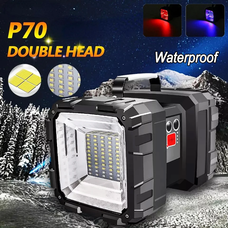 

XHP70 Outdoor Super Bright Handheld Searchlight Portable LED Double Head Work Light USB Rechargeable Long Shot Camping Hiking