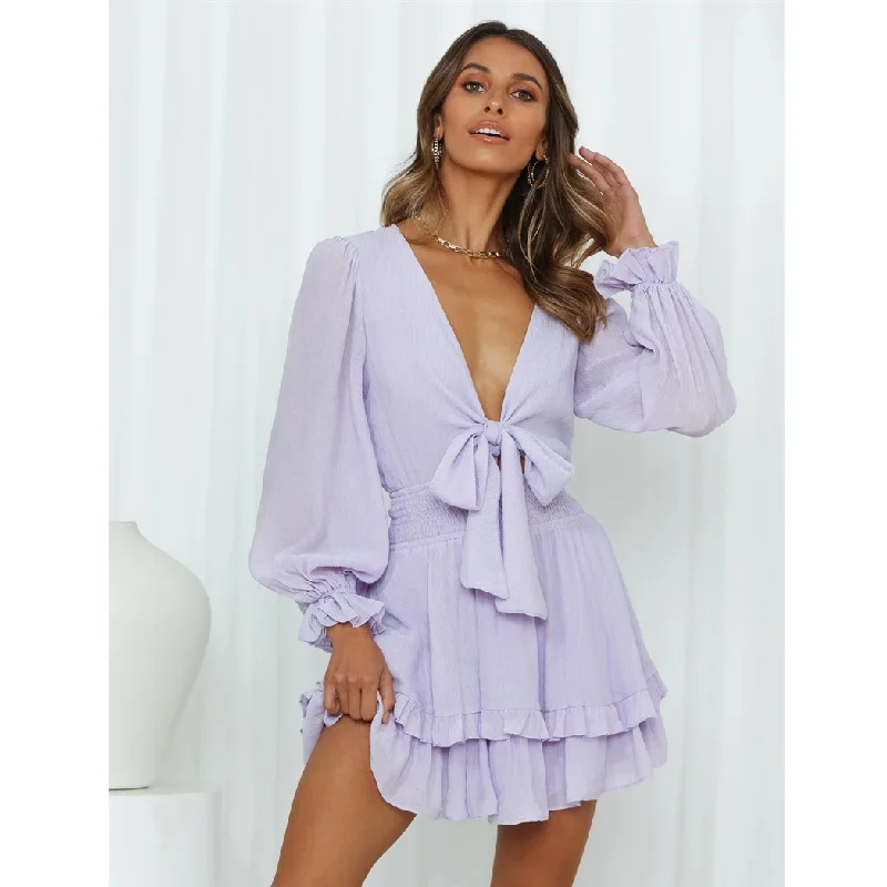 

2022 New Elegant Fashion Floral Chiffon Ruffles Dress Mini A-Line Fall Spring Women's Lantern Sleeve Deep V Tied Up Dress