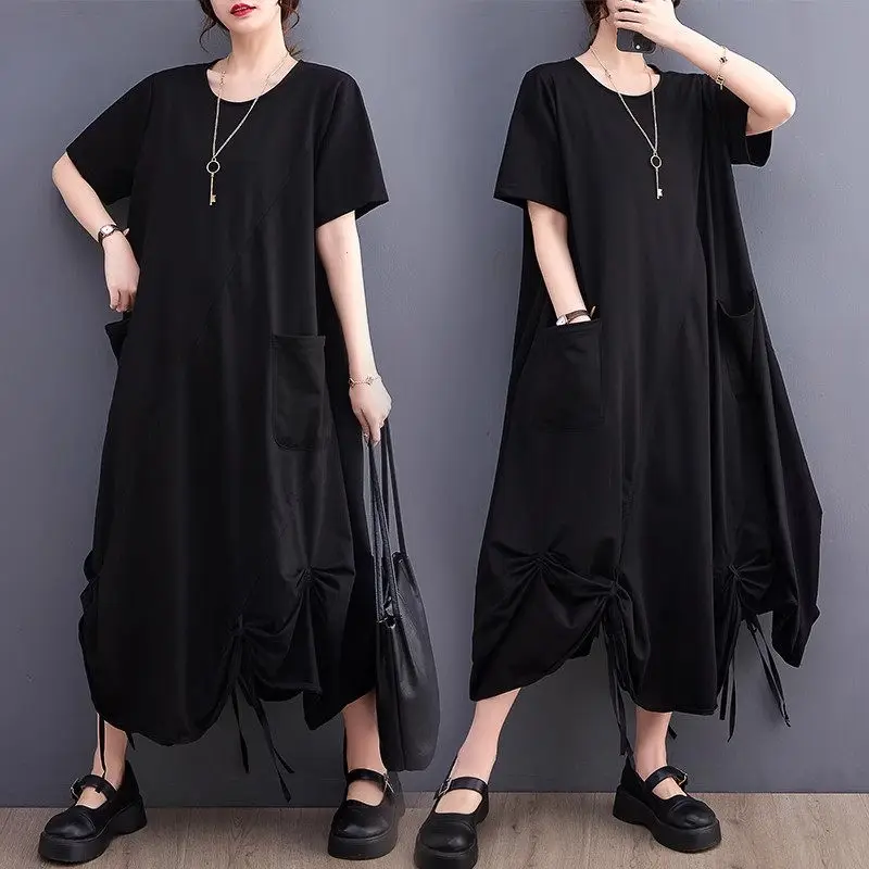 

Женское черное платье-футболка большого размера Z1977, летнее свободное повседневное индивидуальное платье с завышенной талией и асимметричным подолом, 2023