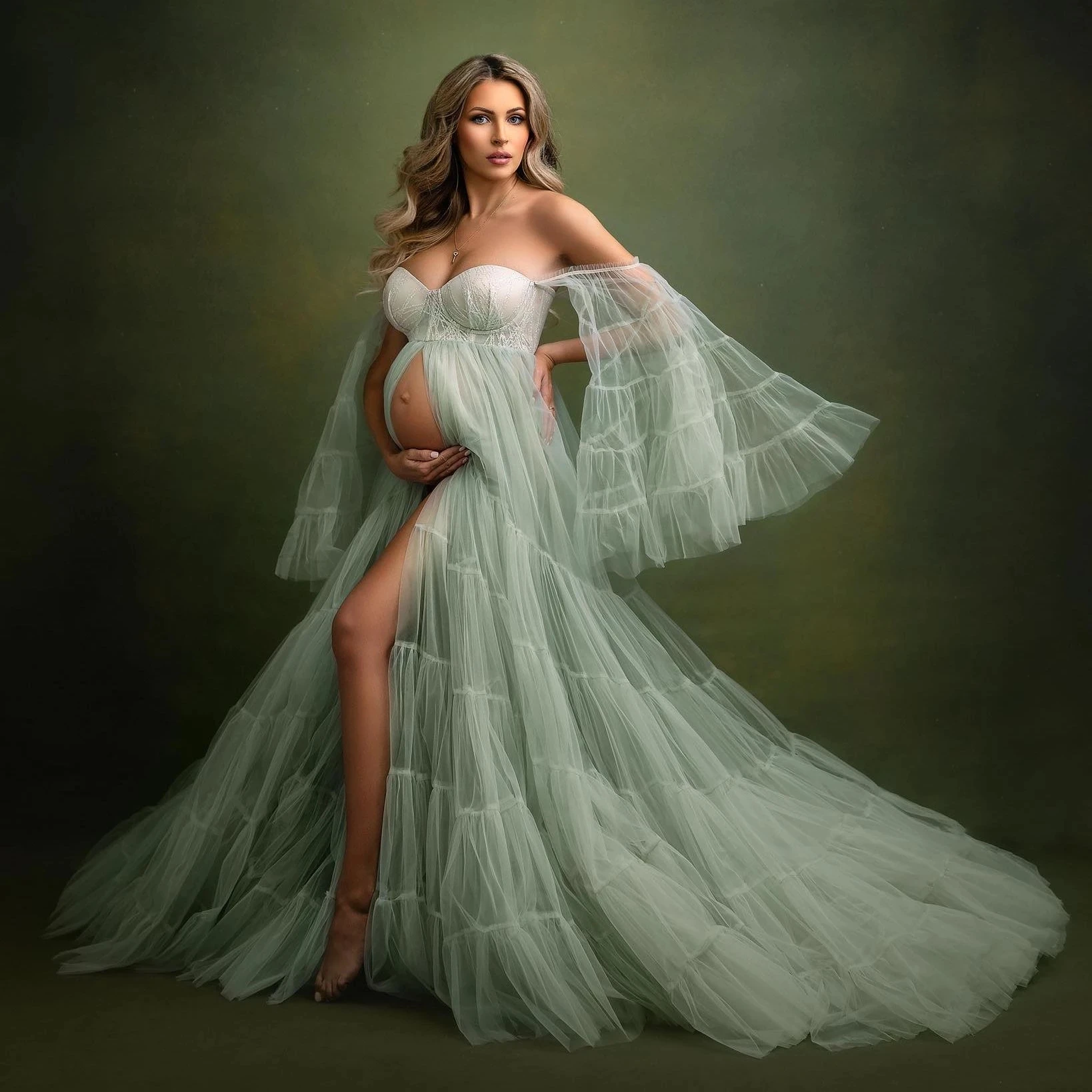Elegant Mint Green Maternity Gown for Photoshoot or Babyshower Tulle Maternity Dresses Long Bell Sleeves Pregnancy Dress Custom