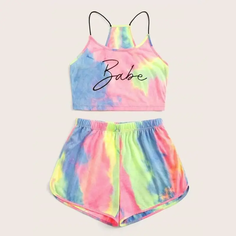 

Женский спортивный костюм, новинка 2021, майка без рукавов с надписью Tie-Dye, топ, спортивные шорты, костюмы, Повседневная модная спортивная одеж...