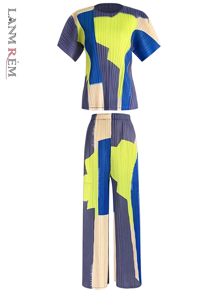 

LANMREM Women's Printing Pleated Round Neck Thin Top Casual Wide Leg Pants Two-piece Set Female Fashion Clothing Summer 2R1568