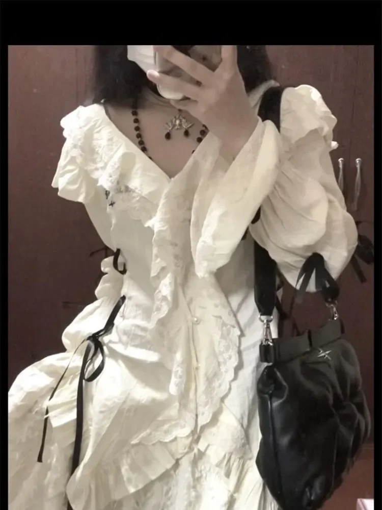 Винтажные белые рубашки с V-образным вырезом и кружевом женская летняя