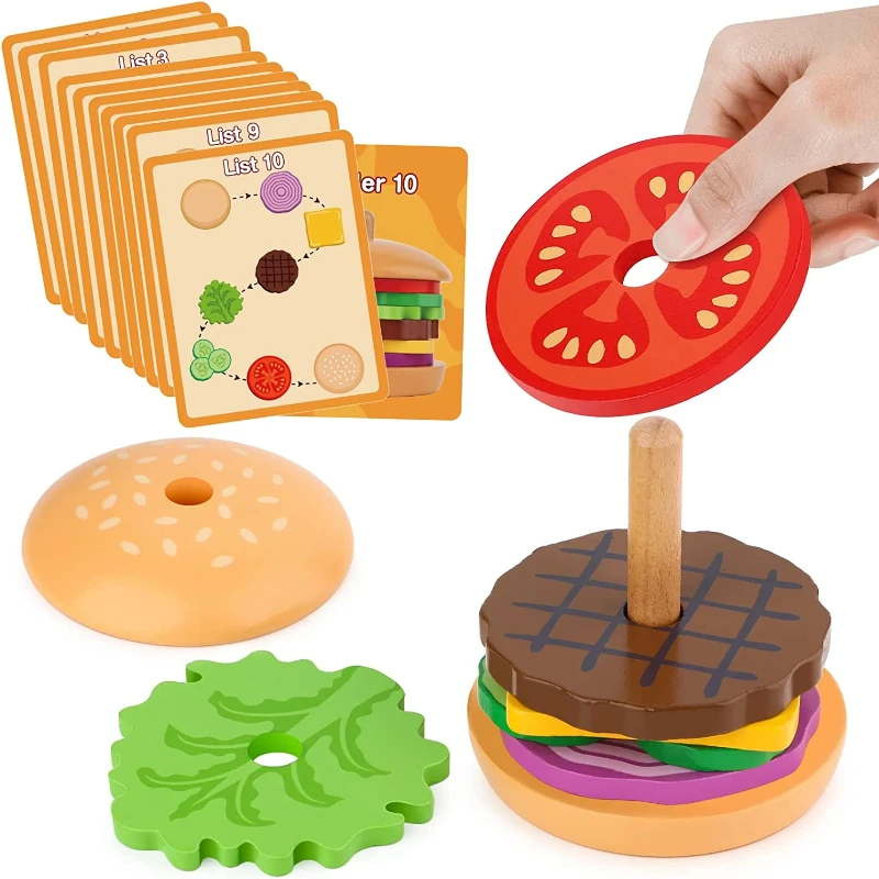 

Wooden Burger Stacking Toys Sandwich Stack Tower for Toddlers Kids Preschool Educational Toys Fine Motor Skill Montessori Toy