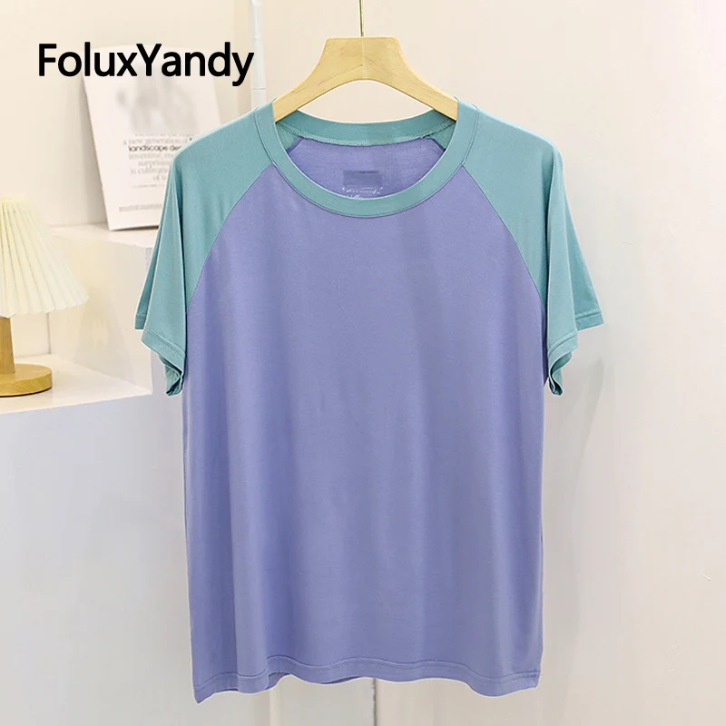 

Loose Modal Women Tops Short Sleeve T-Shirts Patchwork Summer Tops Tees YHH41