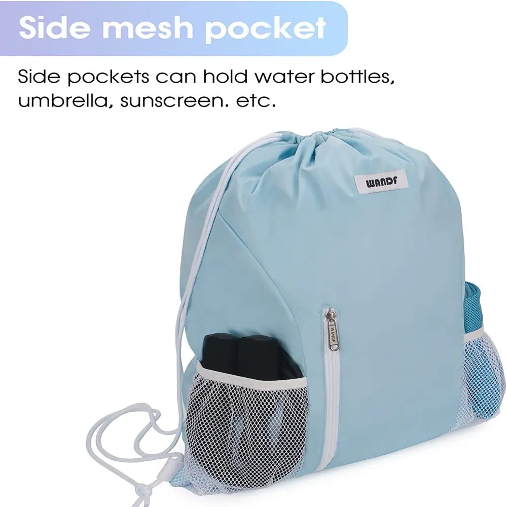 Drawstring Backpack Sports Gym Sackpack with Mesh Pockets Water Resistant String Bag for Women Men Children (Light Blue)