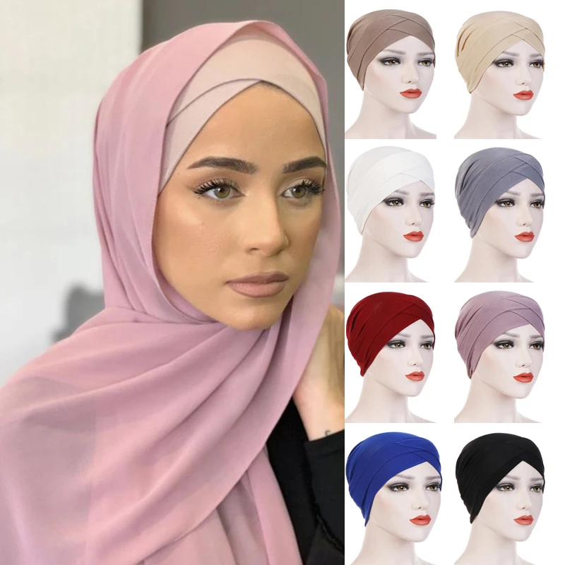 

Criss Cross Hijab Underscarf Bonnet Elastic Jersey Headband Inner Hijab Easy Cap Under Scarf for Muslim Women Islam Chemo Hats