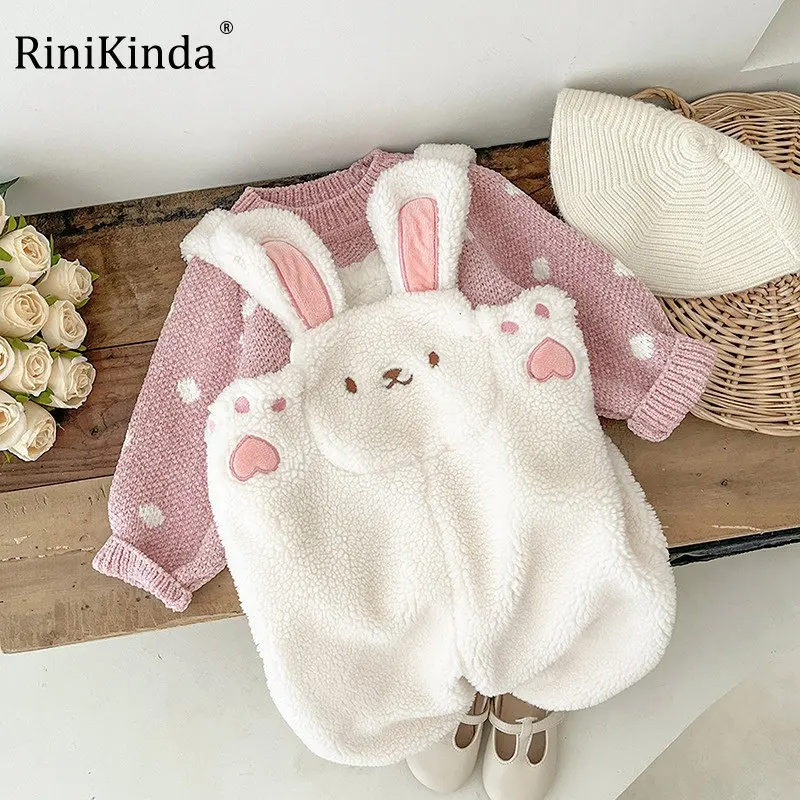 

RiniKinda Korean Toddler Baby Girl Clothes Set Long Sleeved Knitted Sweater+Cartoon Jumpsuit Autumn Winter Baby Girls Clothes