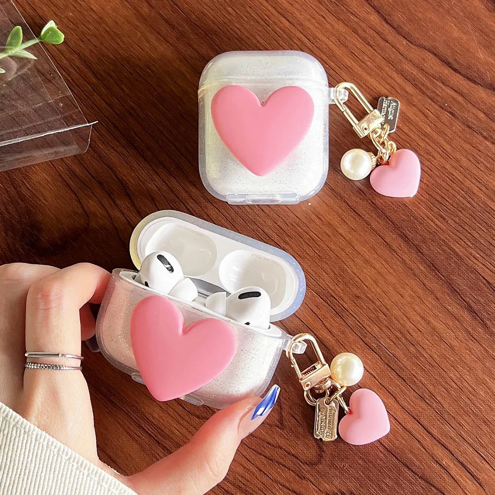 

Симпатичный чехол для наушников AirPods Pro 3 с розовым сердцем и жемчугом, брелок для наушников с зарядным боксом, чехол для AirPods 1/2, мягкий силико...