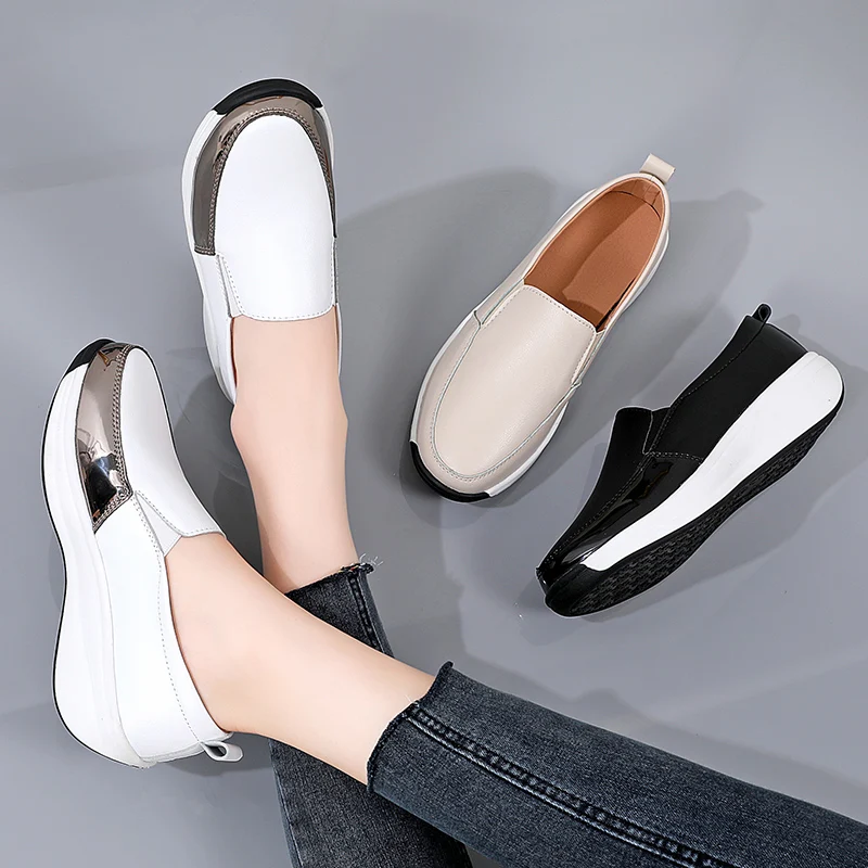 Summer Women Flats Genuine Leather Woman Casual Shoes Wedges Heeled Luxury Ladies Loafers Female Slip-on Shoes Tenis Moccasins