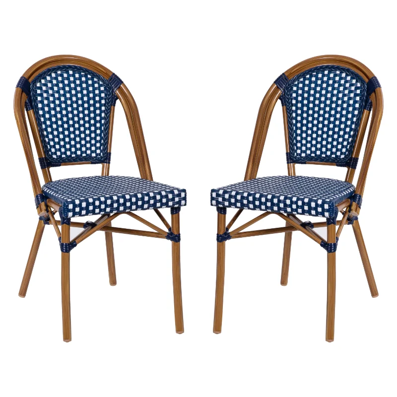 

Set of 2 Commercial French Bistro Stacking Chairs, Navy/White PE Rattan Back and Seat, Bamboo Print Aluminum Frame