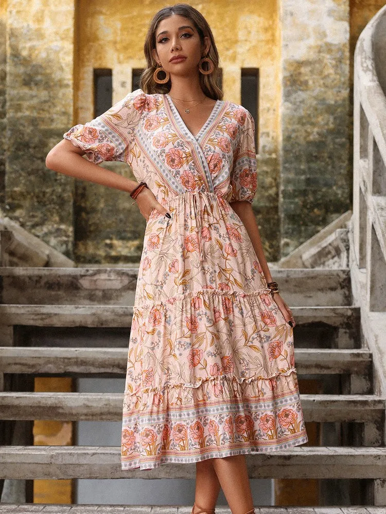 

Women Dress Summer 2022 Viscose Bohemian Print Dresses Pink Stringy Selvedge V-neck Midi Dress Ladies Holiday Chiffon Dresses