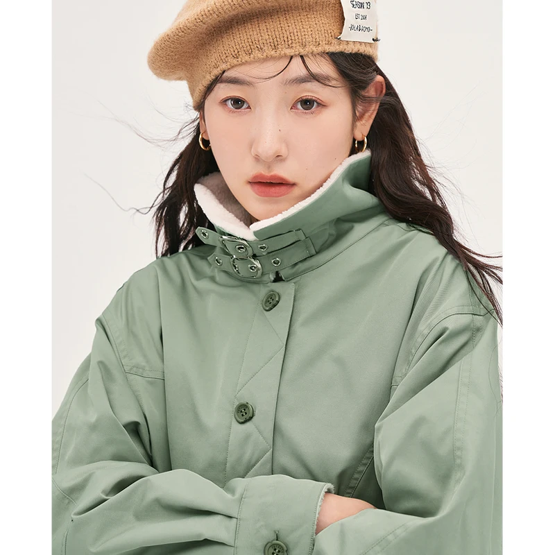 Toyouth Women Plush Coat 2022 Winter Long Sleeve Lapel Stand Collar Loose Jacket with Pocket Thick Warm Casual Outwear Tops