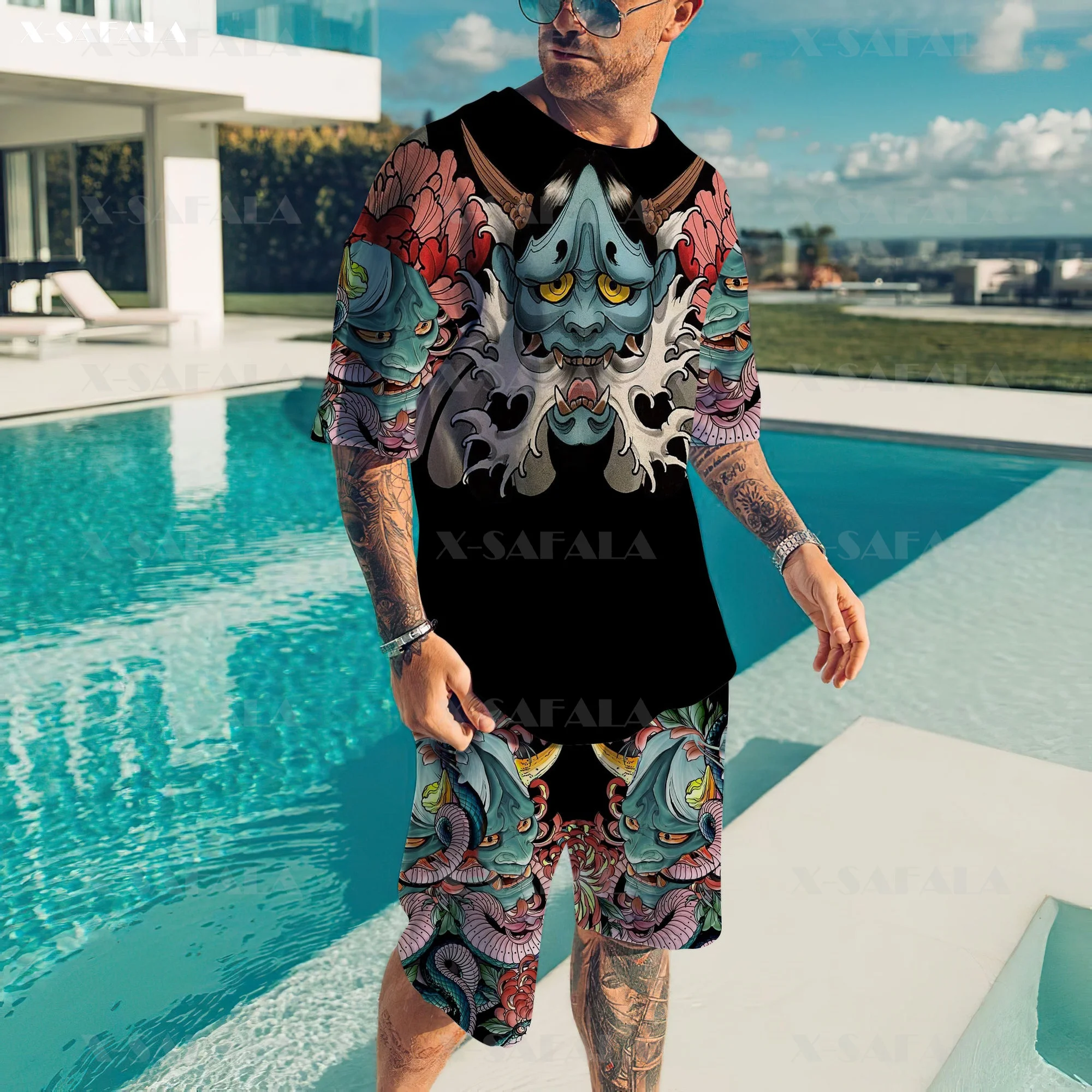 Футболка мужская с принтом самурайская Маска пляжный комплект короткими