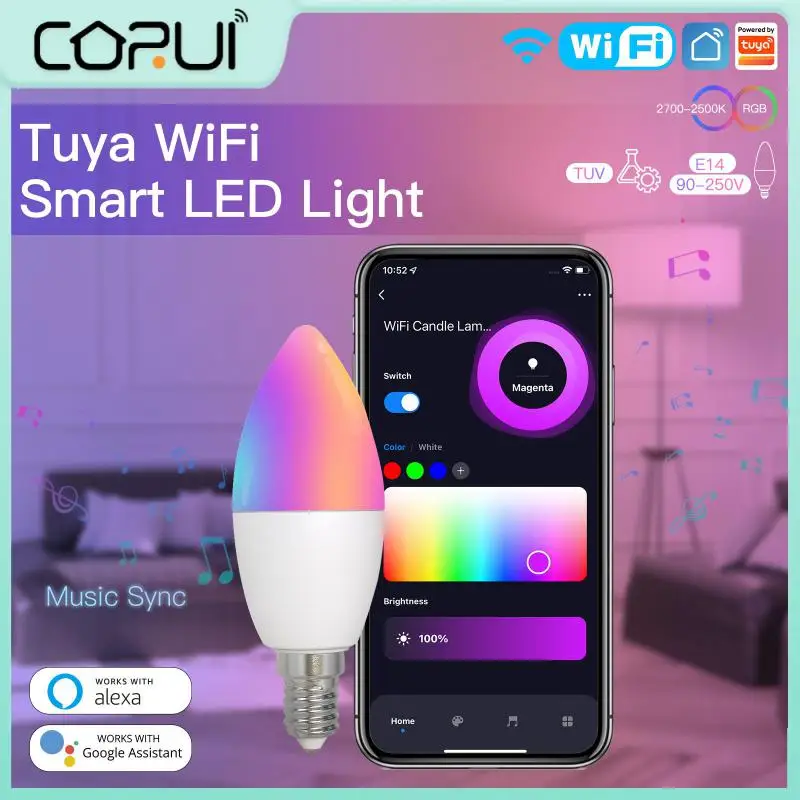 

CoRui TUYA Smart WiFi E14 Candelabra RGB LED Light Bulb Eu Alexa Lamp Google Home Alice 100-240V Dimmable Bulbs Voice Control