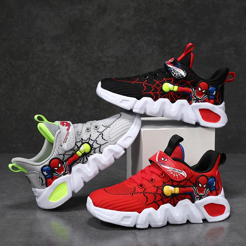 2022 Boys Light Breathable Tenis Shoes Big Children Cartoon Mesh Sneaker Kids Summer Man Autumn Spider Running Footwear Black
