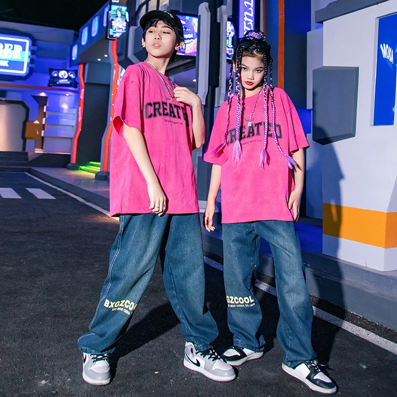 Детская одежда для сцены в стиле хип-хоп футболка с розами топы уличная джинсовые