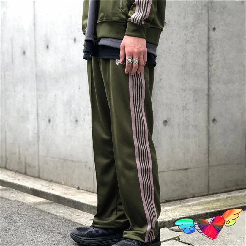 

Green Striped Ribbon AWGE Needles Sweatpants 2023 Men Women 1:1 Needles Pants Embroidered Butterfly Joggers Track Trousers