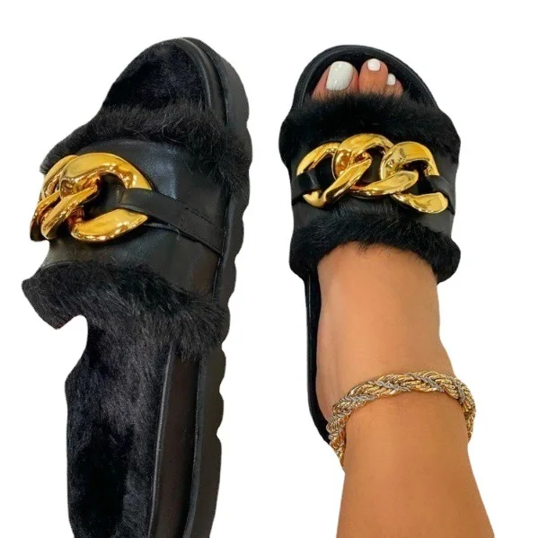 2021 Winter Plush Slippers Fashion Open Toe Solid Color Women's Sandals Metal Chain Outdoor Casual Women's Shoes  Fashion Shoes