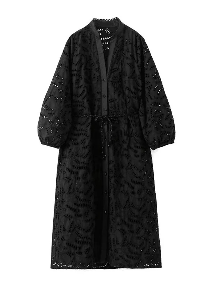 

Kumsvag 2023 Women Summer Loose Dress Vintage Solid V-Neck Hollow Out Embroidery Female Elegant Street Dresses Clothing