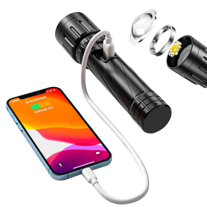 

New Promise-adjustable Flashlight Type-c Rechargeable P70 Zoom Outdoor Emergency LED Strong Light Torch with Power Bank Function