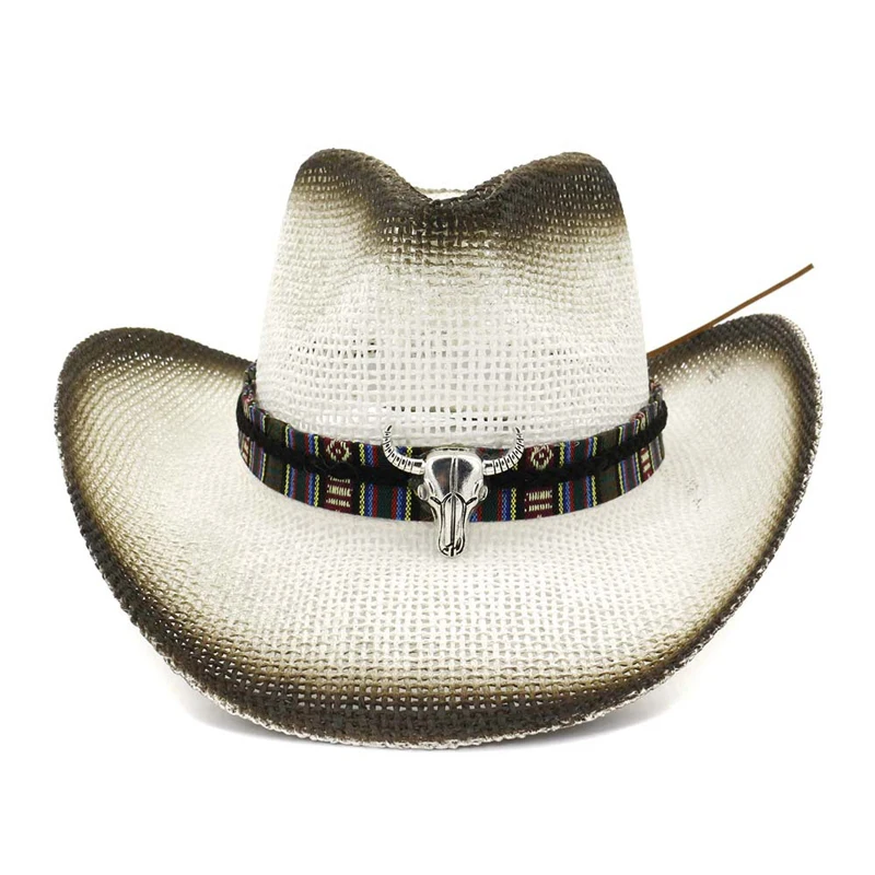 

Black Spray Paint Bull Head Decoration Unisex Women Men Panama Style Hat Wide Large Brim Sun Visor Caps Paper Straw Cowboy Hats