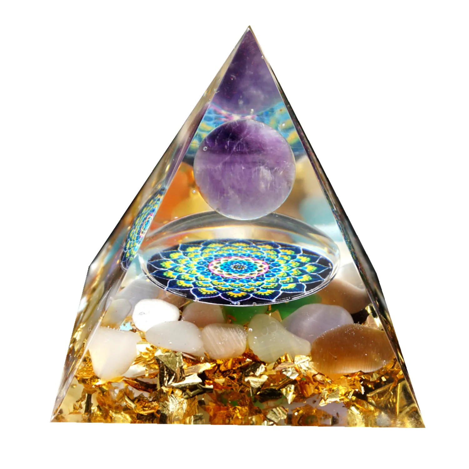HANDMADE Orgonite Pyramid 60MM Amethyst Sphere With Colorful Cat Eye Natural Crystal EMF Protection Orgone Energy Reiki Chakra