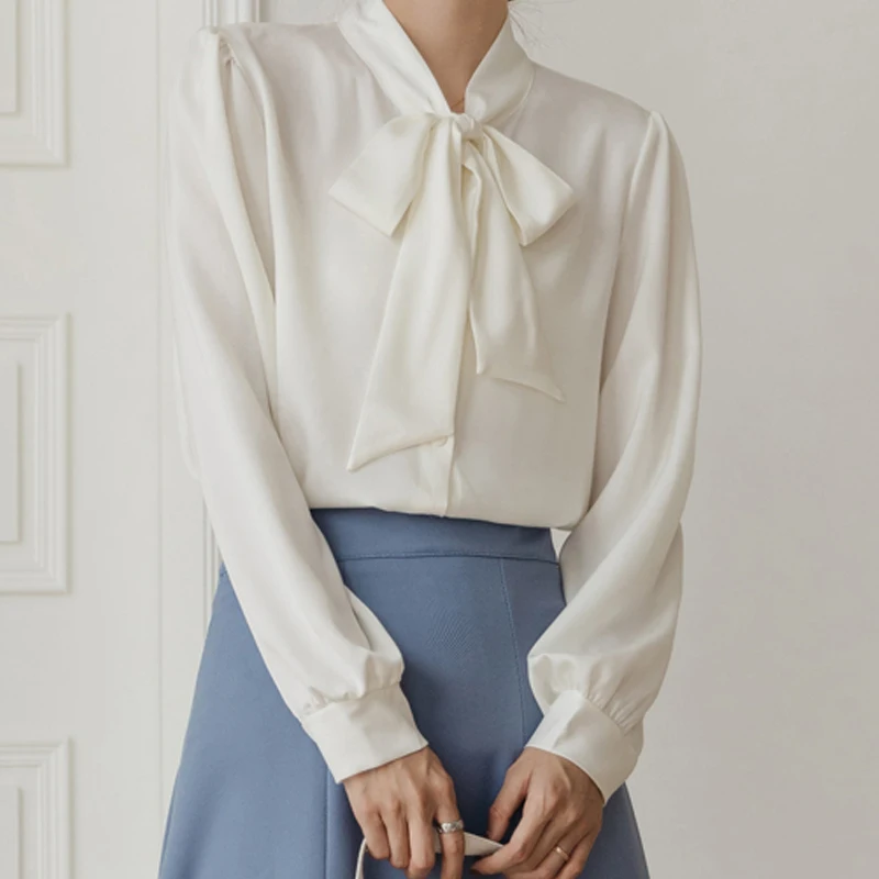 

Autumn Women's Long Sleeve Standing Neck Lace Up French Bubble Sleeve Solid Color Commuter Chiffon Shirt Blouse Women Tops C940