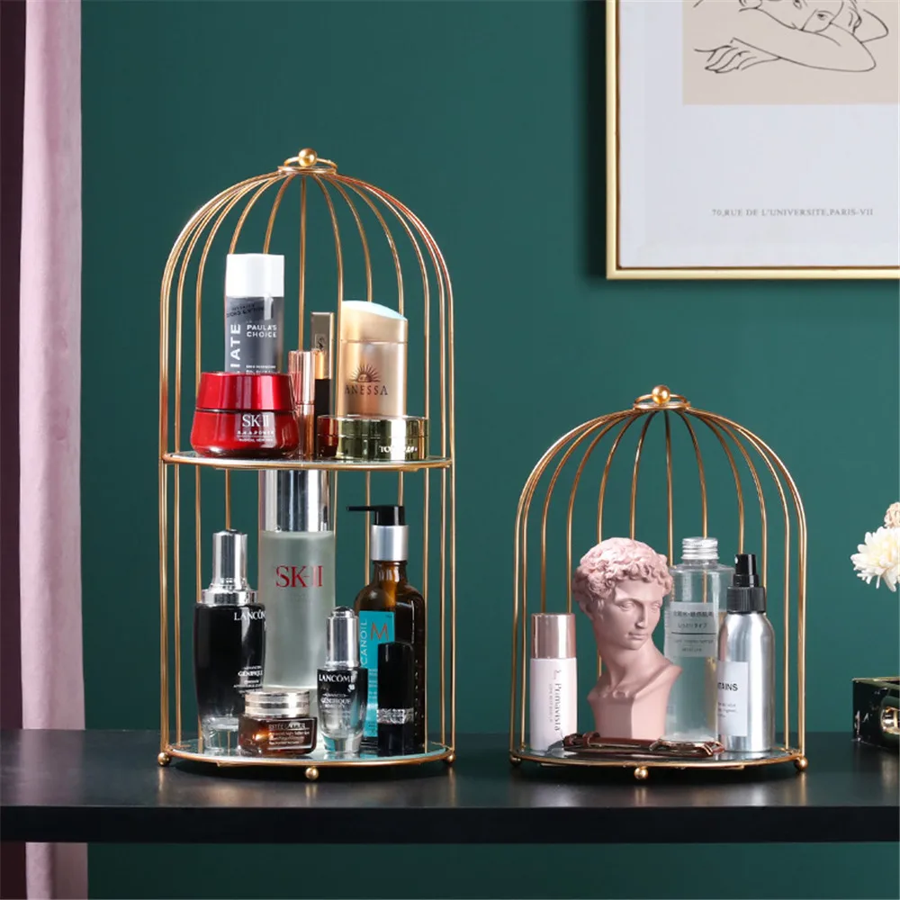 

Gold Birdcage Rack Lucury Makeup Storage Holder Metal Single Double Layer S/L Desk Organizer Living Room Storage Accessory