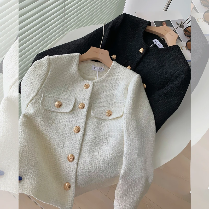 

Women Tweed Short Jacket Spring Autumn O-Neck Long Sleeve French Elegant Single Breasted Coat 2023 New All-Match Temperament Top