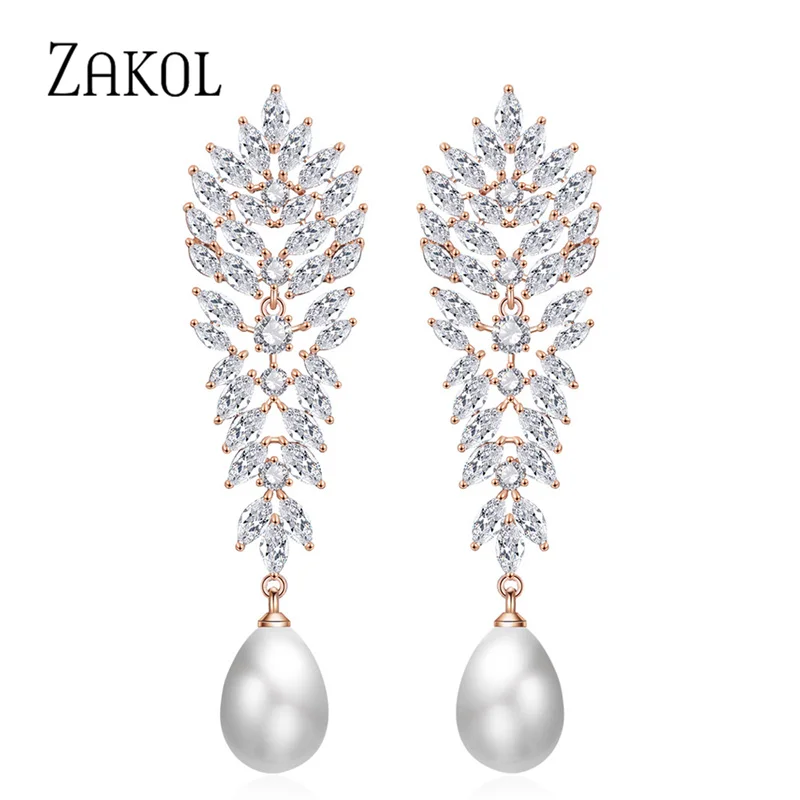 

ZAKOL Luxury Marquise Cut Zirconia Crystal Big Long Dangle Earrings For Women Wedding Fashion Imitation Pearl Jewelry EP2211