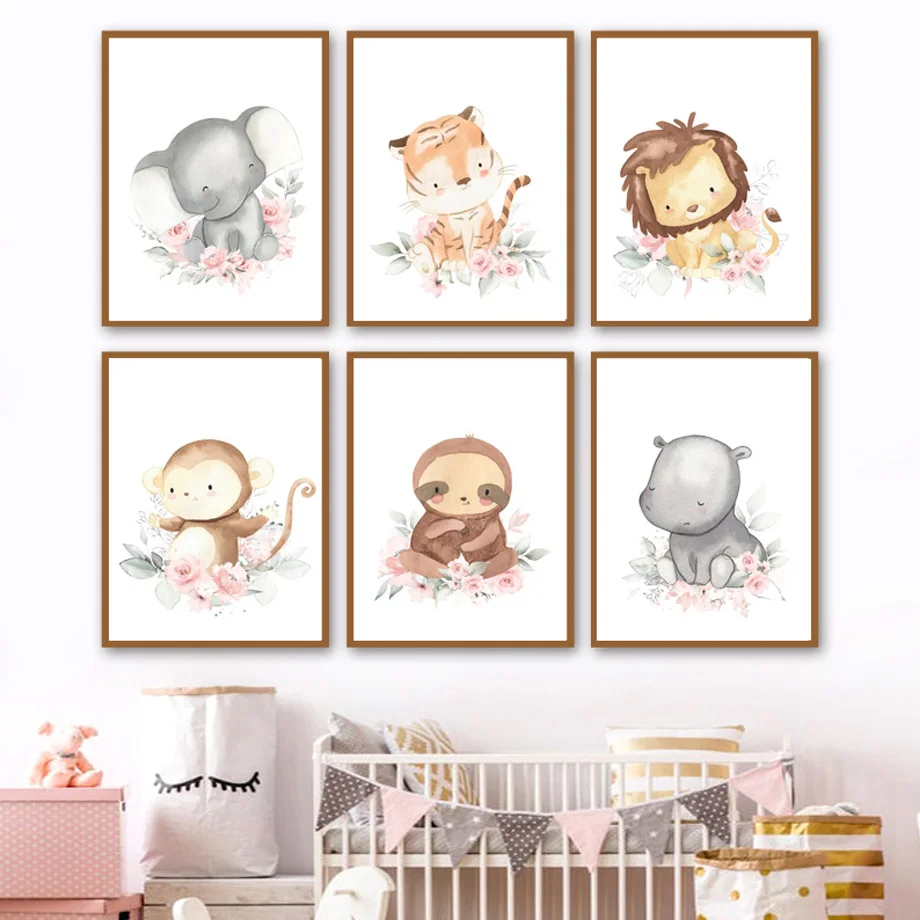 

Cute Kawaii Elephant Tiger Hippo Monkey Sloth Wall Art Canvas Painting Nordic Poster And Print Wall Pictures For Kids Room Decor