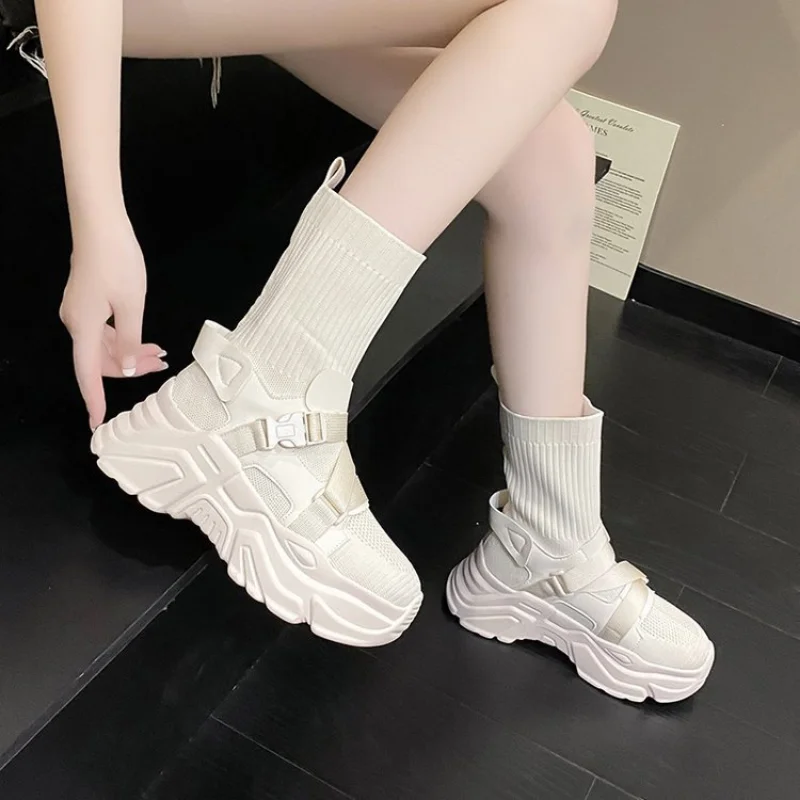 Stretch Fabric Socks Shoes Autumn Women's Shoes Nice New Casual Shoes Sneakers Mid-Calf Boots Stretch Cloth Ladies Women Boots