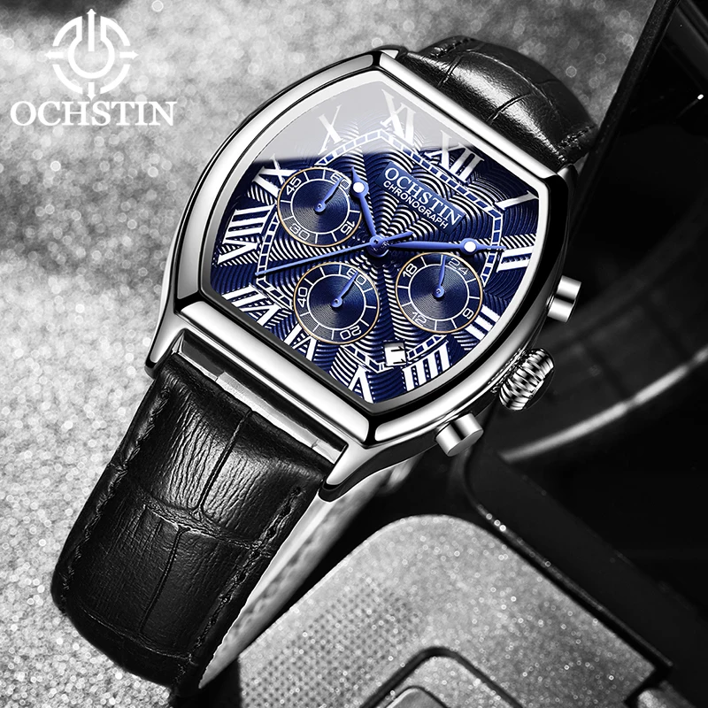 Фото Мужские кварцевые часы OCHSTIN Commander Series с прямоугольным корпусом, многофункциональные, с ремешком из натуральной кожи, для повседневной носки и активного отдыха №4