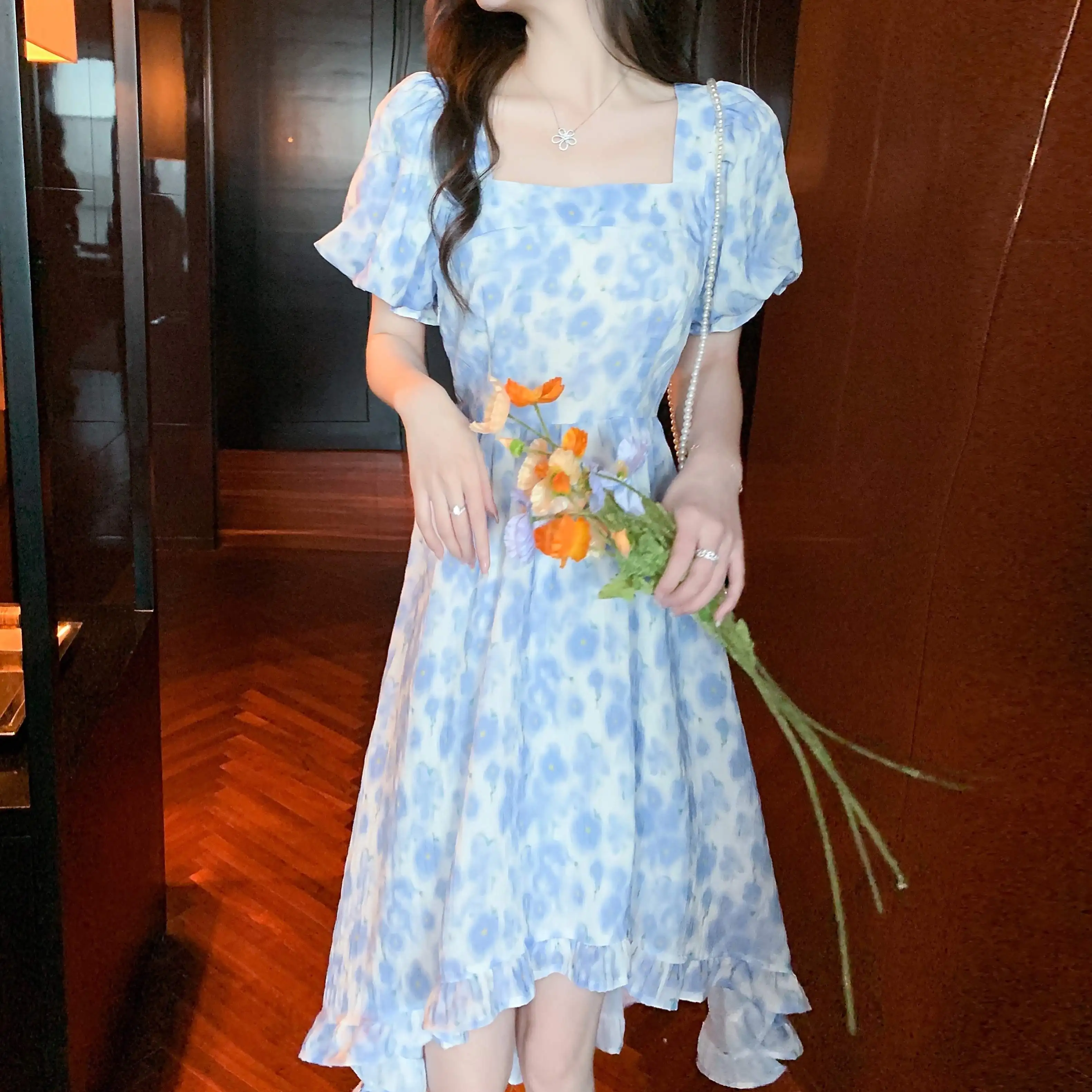 

COIGARSAM Long Dress Women 2022 French Style Chiffon Floral Print High Waist Dresses Dropshipping