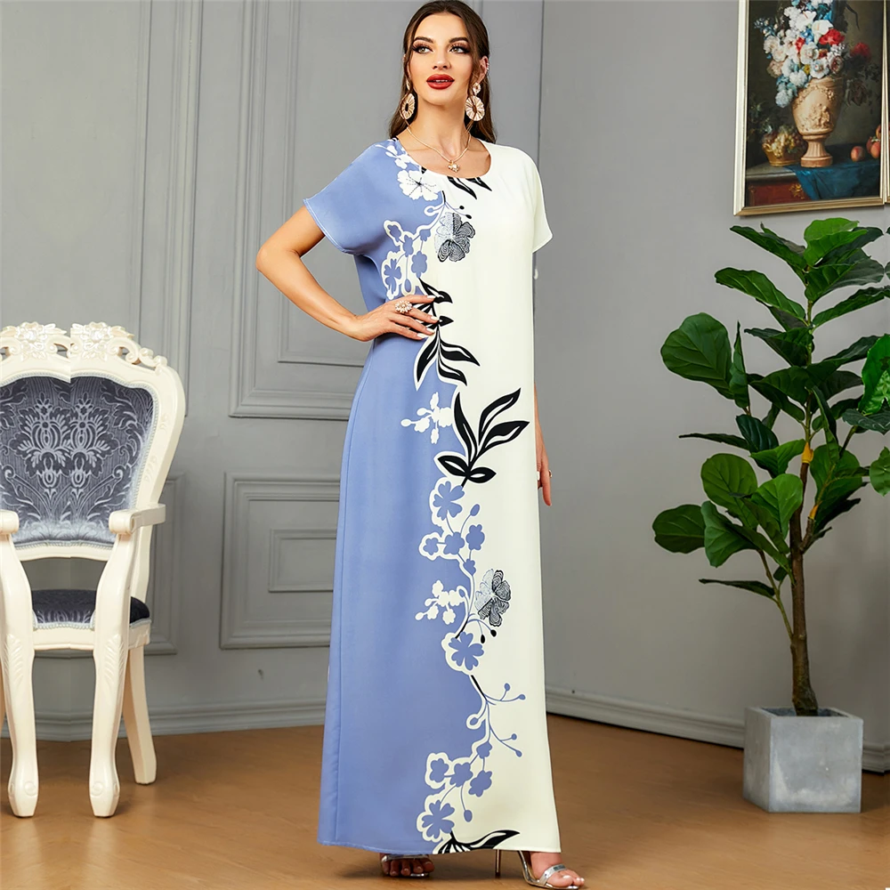 

Eid Mubarak Abayas for Fashion Print Women Muslim Short Sleeve Long Maxi Dress Turkey Kaftan Arab Robe Islamic Jalabiya Vestidos
