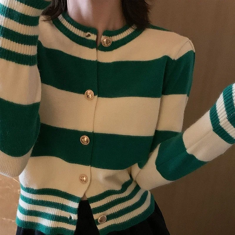 

2022 Autumn Winter stripe O-Neck Women's Knitting Cardigan button Single breasted Ribbed Knitting sweater Korean Casual Cardigan