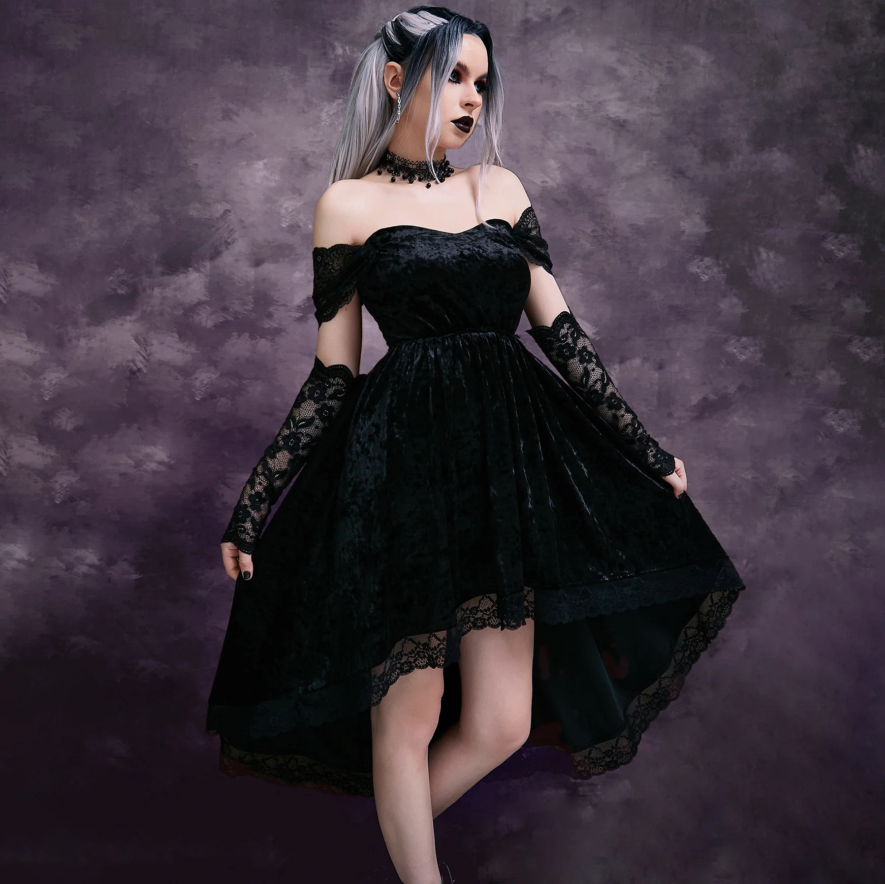 

Dark Pullover solid black mid rise Gothic long lace dress
