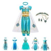 jasmine dress girls princess dress aladdin lamp costume blue%c2%a0aristocratic luxuriant clothes with wig kid longuette cosplay%c2%a0
