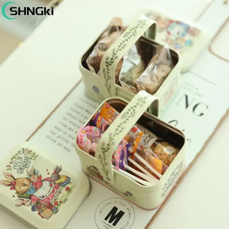 

Cartoon Rabbit Pattern Good Sealing With Handle Vintage Gift Giving Portable Easter Cookie Gift Tins For Holiday Candy Box