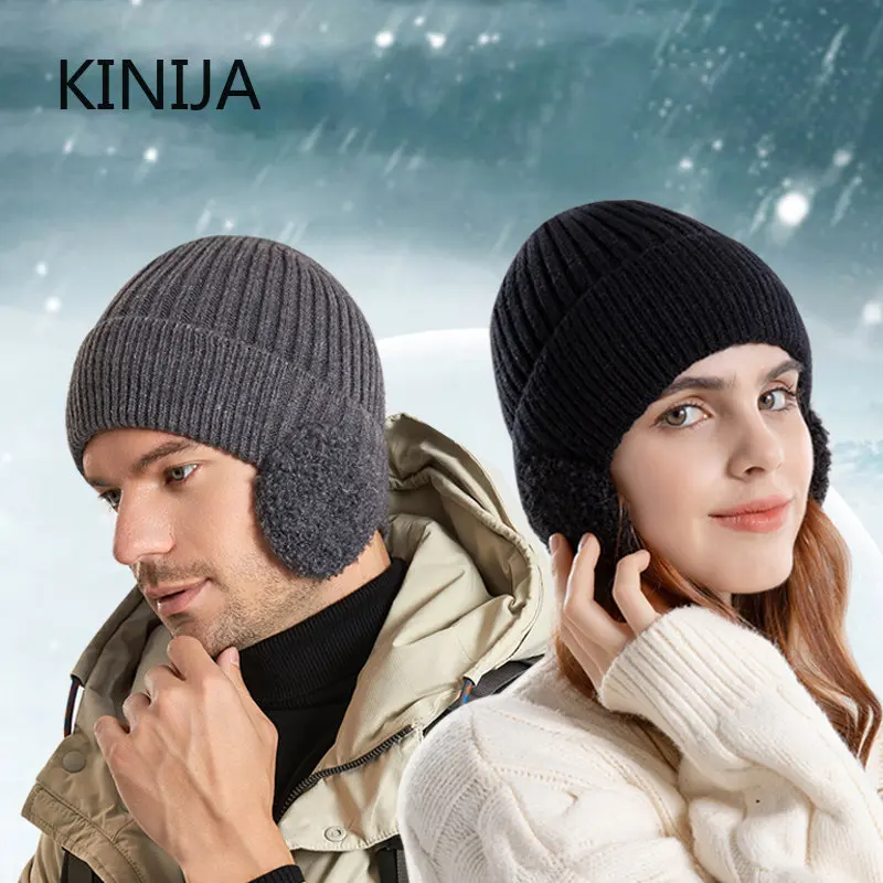 Winter Ear Protection Knitted Hat Unisex Outdoor Warm Beanies Soft Cashmere Bonnet for Men Women Fashion Plush Thicken Skull Cap
