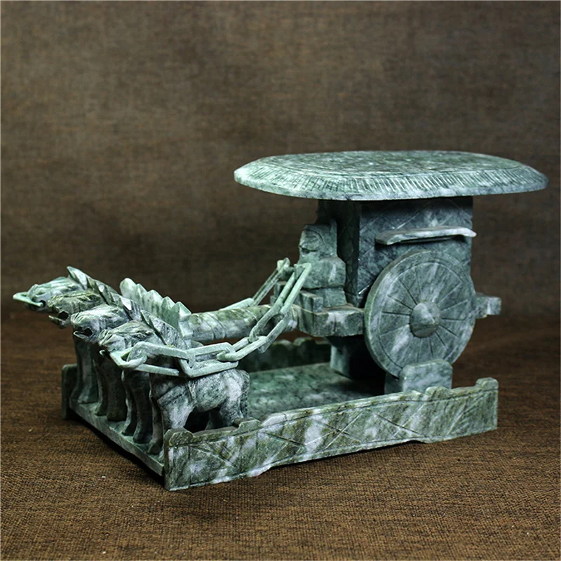 

Handmade China Jade Sculptures Chariot Statue Figure Vintage Stunning Hand Natural Green Jade Artifact Carvings Desk Decor