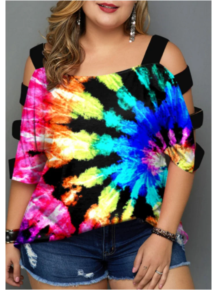 Large-size printed trapezoidal hollow-out off-the-shoulder coat plus color plus size clothing dames t shirt